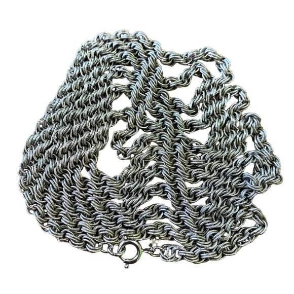 Vintage Crown Trifari Double Ring Chain Necklace 54" Silver Tone Sparkly Bling - Picture 4 of 4